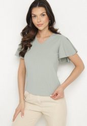 Zielona Bluzka z Szerokimi Rękawami Sunevia. Zielone bluzki damskie Born2be, m, bez wzorów, z jeansu, eleganckie, bez kołnierzyka, bez ramiączek. Za 29.99 zł.