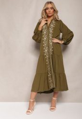 Ciemnozielona Midi Sukienka o Trapezowym Kroju z Ozdobnymi Haftami w Stylu Boho Tactila. Zielone sukienki damskie Renee, bez wzorów, boho, bez ramiączek. W wyprzedaży za 159.99 zł.