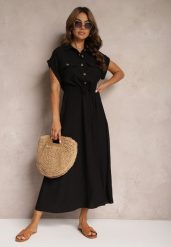 Czarna Sukienka z Wiskozy o Rozkloszowanym Kroju z Gumką w Pasie i Napami Memvia. Czarne sukienki damskie Renee, bez wzorów, z wiskozy, eleganckie, bez ramiączek. W wyprzedaży za 99.99 zł.