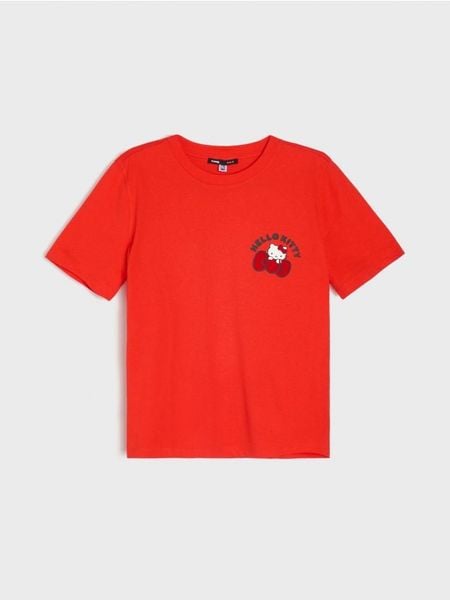 Bawełniana koszulka z krótkim rękawem Hello Kitty - czerwony. Czerwone koszulki damskie Sinsay, l, bez wzorów, z bawełny, bez kołnierzyka, bez ramiączek. Za 29.99 zł.