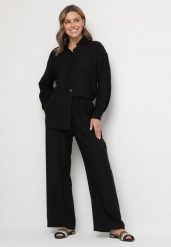 Czarny Komplet z Wiskozy Koszula i Spodnie Sesanila. Czarne koszule damskie Born2be, l, bez wzorów, z wiskozy, eleganckie, bez kołnierzyka, bez ramiączek. Za 89.99 zł.