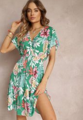 Zielona Kopertowa Sukienka Mini w Kwiaty z Gumkami w Pasie i Falbanką Kellana. Zielone sukienki damskie Renee, bez wzorów, z tkaniny, bez ramiączek. W wyprzedaży za 39.99 zł.