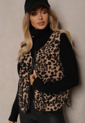 Beżowa Kamizelka w Panterkę z Wsuwanymi Kieszeniami Vamirya. Brązowe kamizelki damskie Renee, l, bez wzorów, z jeansu, bez kaptura. Za 119.99 zł.