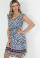 Niebieska Sukienka Mini z Wiskozy z Gumką w Pasie i Materiałowym Paskiem Loizen. Niebieskie sukienki damskie Born2be, bez wzorów, z materiału, bez ramiączek. Za 89.99 zł.