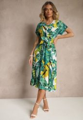 Ciemnozielona Sukienka o Rozkloszowanym Kroju w Liście z Paskiem Pumale. Zielone sukienki damskie Renee, bez wzorów, eleganckie, bez ramiączek. W wyprzedaży za 55.99 zł.