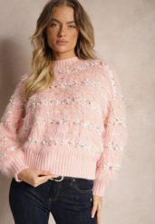 Różowy Sweter z Dodatkiem Bawełny Ozdobiony Kolorową Nicią Raiqua. Czerwone swetry klasyczne damskie Renee, l, z bawełny, bez kołnierzyka. Za 84.99 zł.
