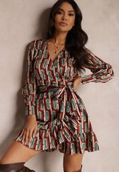 Brązowa Sukienka Kopertowa w Geometryczny Wzór Rangi. Brązowe sukienki damskie Renee, bez wzorów, eleganckie, bez ramiączek. W wyprzedaży za 135.99 zł.