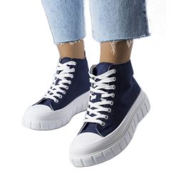Granatowe trampki za kostkę Couet niebieskie. Niebieskie trampki damskie bez wzorów, z tkaniny, za kostkę, bez zapięcia. Za 76.40 zł.