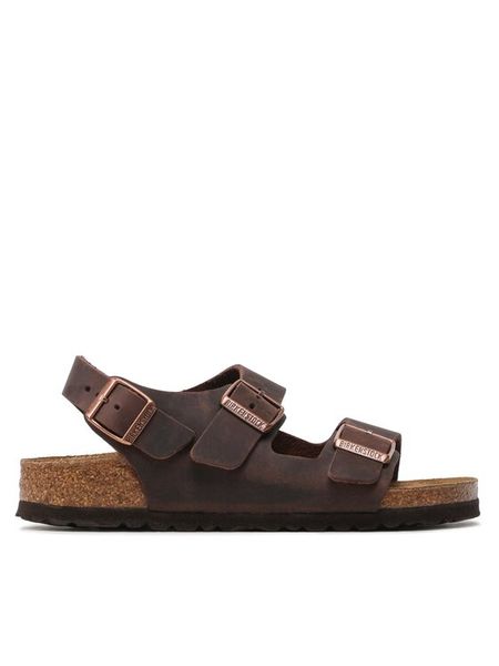 Birkenstock Sandały Milano 34873 Brązowy. Brązowe sandały damskie Birkenstock, bez wzorów, ze skóry, bez obcasa, na płaskiej podeszwie, bez zapięcia. Za 599.99 zł.