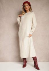 Jasnobeżowa Pudełkowa Sukienka z Dzianiny z Wiskozą Maziala. Brązowe sukienki damskie Renee, bez wzorów, z dzianiny, eleganckie, bez ramiączek. W wyprzedaży za 111.99 zł.