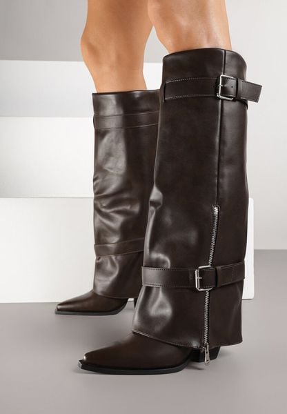 Brązowe Kozaki na Stożkowym Obcasie z Wywiniętą Cholewką Klamrami i Suwakiem Ernenta. Brązowe kozaki damskie Born2be, bez obcasa, na obcasie, bez zapięcia. Za 169.99 zł.