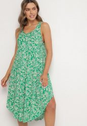 Zielona Asymetryczna Sukienka Bawełniana w Ornamentalny Wzór Natialira. Zielone sukienki damskie Born2be, bez wzorów, z bawełny, eleganckie, bez ramiączek. Za 69.99 zł.