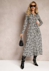 Czarna Koszulowa Sukienka w Ornamentalny Wzór Wiązana w Pasie Hanname. Czarne sukienki damskie Renee, bez wzorów, z dzianiny, bez ramiączek. W wyprzedaży za 143.99 zł.
