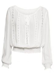 Bluza nakładana przez głowę z miękkiej wiskozy. Białe bluzy damskie bonprix, bez wzorów, z koronki, bez kaptura. Za 124.99 zł.