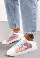 Biało-Różowe Sneakersy na Płaskiej Podeszwie z Ozdobnymi Wstawkami i Brokatem Jivina. Białe obuwie sportowe damskie Renee, bez zapięcia, tenisowe. Za 74.99 zł.