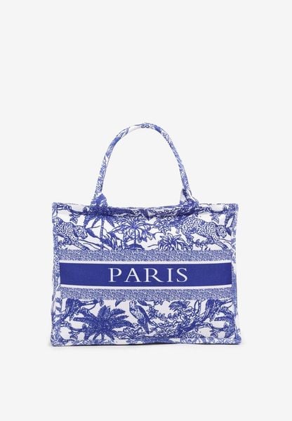 Niebieska Torebka Shopperka z Tropikalnym Wzorem i Napisem Alirisse. Niebieskie torebki klasyczne damskie Renee, z jeansu, bez dodatków. Za 49.99 zł.