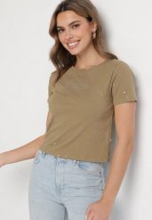 Ciemnozielony Bawełniany T-shirt Ozdobiony Cyrkoniami i Brokatem Halirea. Zielone t-shirty damskie Born2be, m, z aplikacjami, z bawełny, bez kołnierzyka. Za 34.99 zł.