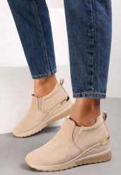 Beżowe Sneakersy Munna. Brązowe obuwie sportowe damskie Renee, z jeansu, bez zapięcia. Za 89.99 zł.