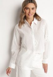Biała Bawełniana Koszula z Ażurowym Wzorem Cornelva. Białe koszule damskie Born2be, l, z aplikacjami, z bawełny, eleganckie, bez kołnierzyka, bez ramiączek. Za 109.99 zł.