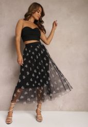 Czarna Tiulowa Rozkloszowana Spódnica Plisowana z Aplikacjami Serc i Gumką w Pasie Missari. Czarne spódnice damskie Renee, na co dzień, l, z aplikacjami, z tiulu, eleganckie, midi. Za 49.99 zł.