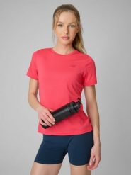 4F Koszulka treningowa regular szybkoschnąca damska - czerwona XL. Czerwone koszulki damskie 4F, xl, bez wzorów, bez kołnierzyka, bez ramiączek. Za 79.99 zł.
