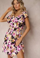 Czarno-Różowa Taliowana Bawełniana Sukienka w Kwiaty z Falbanami przy Ramionach z Gumką w Talii Nelova. Czarne sukienki damskie Renee, bez wzorów, z bawełny, eleganckie, bez ramiączek. W wyprzedaży za 39.99 zł.