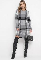 Szara Sukienka Midi Sweterkowa w Szeroką Kratę Firmia. Szare sukienki damskie Born2be, bez wzorów, z bawełny, eleganckie, bez ramiączek. W wyprzedaży za 118.99 zł.