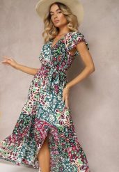 Fioletowo-Zielona Sukienka z Krótkim Rękawem z Wiskozy z Gumką w Talii z Materiałowym Paskiem i Dimonte. Fioletowe sukienki damskie Renee, bez wzorów, z materiału, eleganckie, bez ramiączek. W wyprzedaży za 83.99 zł.