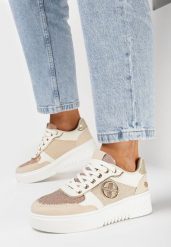 Beżowe Sneakersy na Niskiej Platformie z Brokatem i Metalicznymi Wstawkami Winfrea. Brązowe obuwie sportowe damskie Born2be, bez zapięcia, trekkingowe. Za 89.99 zł.
