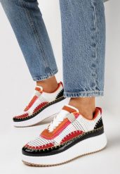 Biało-Pomarańczowe Sneakersy z Patchworkową Cholewką i Tłoczoną Platformą Geridia. Białe obuwie sportowe damskie Born2be, bez zapięcia. Za 84.99 zł.