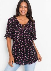 Tunika z czystej wiskozy. Czarne tuniki damskie bonprix, bez wzorów, z wiskozy, bez kołnierzyka, bez ramiączek. Za 122.99 zł.