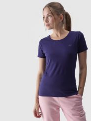 4F T-shirt slim gładki damski - granatowy S. Niebieskie t-shirty damskie 4F, s, bez wzorów, z bawełny, bez kołnierzyka. W wyprzedaży za 29.99 zł.