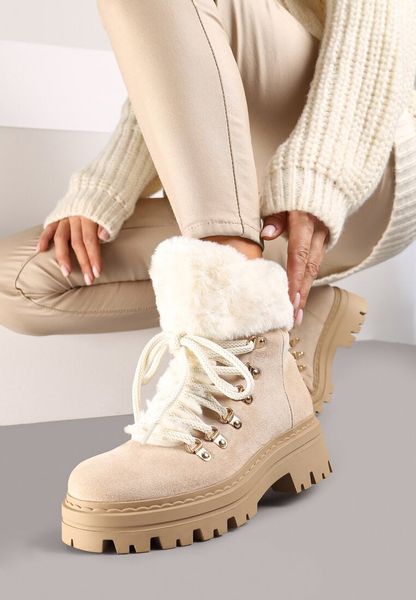 Beżowe Traperki z Futerkiem na Grubej Podeszwie Tairene. Brązowe trapery damskie Renee, z jeansu, bez zapięcia. Za 129.99 zł.