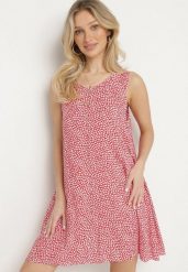 Czerwona Bawełniana Rozkloszowana Sukienka Ozdobiona Kwiatami i Guzikami Lisavella. Czerwone sukienki damskie Born2be, bez wzorów, z bawełny, eleganckie, bez ramiączek. Za 69.99 zł.