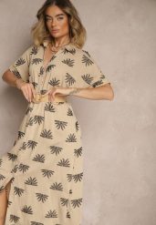 Beżowa Wiskozowa Sukienka o Koszulowym Kroju z Haftem i Paskiem z Klamrą Lioessa. Brązowe sukienki damskie Renee, bez wzorów, z wiskozy, eleganckie, bez ramiączek. Za 149.99 zł.