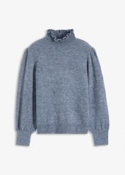 Sweter z golfem i falistym wykończeniem. Szare swetry klasyczne damskie bonprix, bez kołnierzyka. Za 129.99 zł.