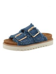 MUSTANG SHOES Klapki "Malina" w kolorze niebieskim rozmiar: 38. Niebieskie klapki damskie MUSTANG SHOES, bez wzorów, z otwartym noskiem, bez obcasa, bez zapięcia. Za 184.02 zł.