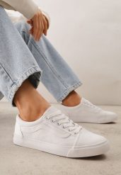 Wiązane Białe Tenisówki Trampki z Niską Cholewką Ozdobione Geometrycznym Wzorem Wioressa. Białe obuwie sportowe damskie Renee, z jeansu, przed kostkę, bez zapięcia, tenisowe. Za 79.99 zł.
