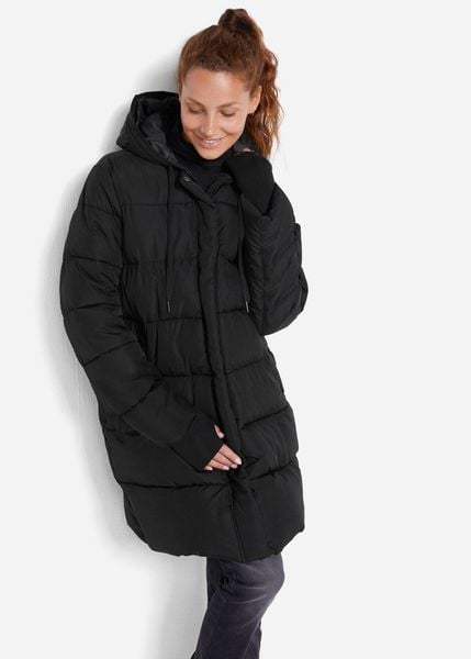 Płaszcz pikowany funkcyjny, hydrofobowy. Czarne płaszcze damskie bonprix, bez wzorów, z kapturem. Za 299.99 zł.