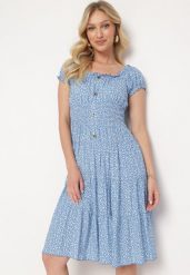Niebieska Bawełniana Sukienka w Drobne Kwiaty z Gumkami w Talii Fielita. Niebieskie sukienki damskie Born2be, bez wzorów, z bawełny, eleganckie, bez ramiączek. Za 79.99 zł.