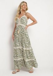 Zielono-Beżowa Rozkloszowana Sukienka z Bawełny na Cienkich Ramiączkach z Gumką w Pasie i Haftem Xuretta. Zielone sukienki damskie Born2be, bez wzorów, z bawełny, boho, bez ramiączek. Za 89.99 zł.