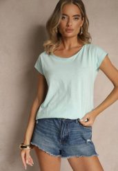 Jasnoniebieski Basicowy T-shirt z Bawełny Ralotea. Niebieskie t-shirty damskie Renee, l, bez wzorów, z bawełny, bez kołnierzyka. Za 34.99 zł.
