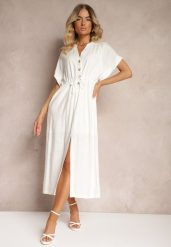 Biała Sukienka z Bawełny z Górą o Koszulowym Kroju Ściągana w Pasie Viklia. Białe sukienki damskie Renee, z aplikacjami, z bawełny, eleganckie, bez ramiączek. W wyprzedaży za 99.99 zł.