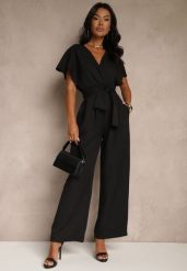 Czarny Elegancki Kombinezon z Szerokimi Nogawkami i Kopertowym Dekoltem Melovina. Czarne sukienki damskie Renee, bez wzorów, eleganckie, bez ramiączek. Za 119.99 zł.