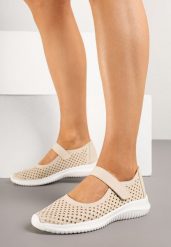 Beżowe Półbuty Sportowe z Ażurową Cholewką i Rzepem Alanellia. Brązowe obuwie sportowe casual damskie Born2be, z jeansu. Za 74.99 zł.