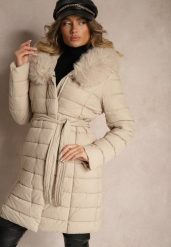 Beżowa Kurtka Pikowana Wiązana w Talii z Futerkiem Odpinanym na Kapturze Firinka. Brązowe kurtki damskie Renee, l, bez wzorów, z jeansu, bez kaptura. Za 139.99 zł.