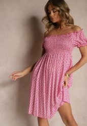 Różowa Sukienka Hiszpanka z Wiskozy z Kwiatowym Wzorem Mevandra. Czerwone sukienki damskie Renee, bez wzorów, z wiskozy, eleganckie, bez ramiączek. W wyprzedaży za 39.99 zł.