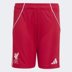 Spodenki podstawowe Liverpool FC 25/26. Czerwone spodenki sportowe damskie Adidas, bez wzorów, do piłki nożnej. Za 179.00 zł.