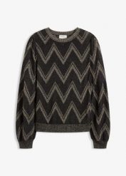 Sweter z cienkiej dzianiny z efektem połysku. Czarne swetry klasyczne damskie bonprix, z dzianiny, bez kołnierzyka. Za 134.99 zł.