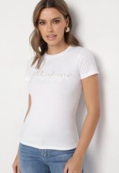 Biały Bawełniany T-shirt z Metalicznym Napisem Xalaviel. Białe t-shirty damskie Born2be, m, z aplikacjami, z bawełny, bez kołnierzyka. Za 74.99 zł.